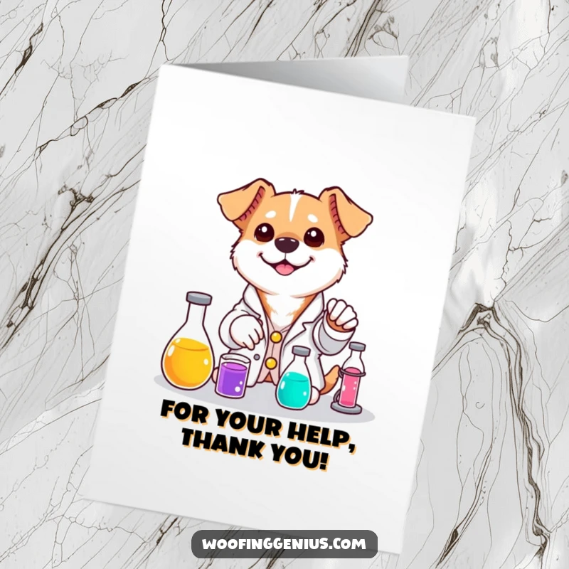 Funny Free Printable Thank You Card: Dog in Lab Coat Mixing Colorful Liquids Happily.