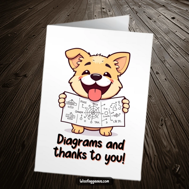 Funny Free Printable Thank You Card: A dog proudly holding a complex, detailed diagram with a wide, satisfied grin.