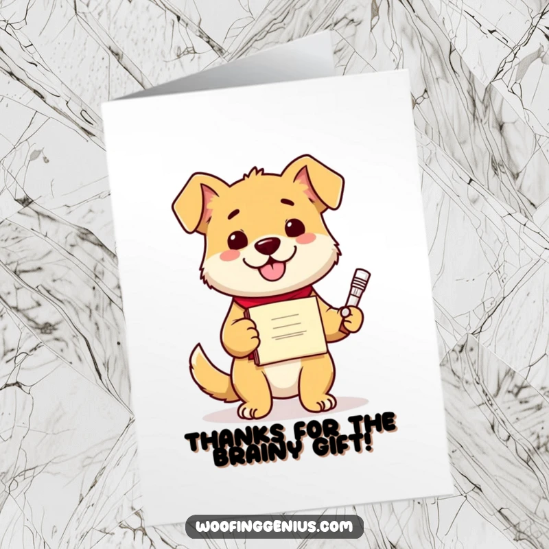 Funny Free Printable Thank You Card: An intelligent dog inventor proudly presents a diploma and a new gadget, expressing thanks.