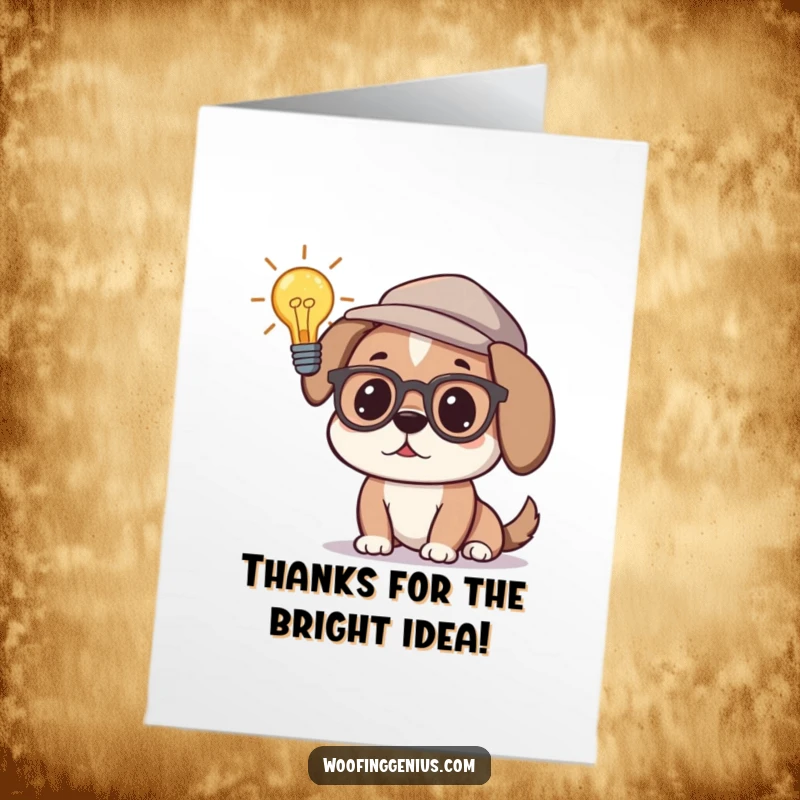 Funny free printable thank you card, a dog wearing glasses and thinking cap, contemplating a lightbulb moment.
