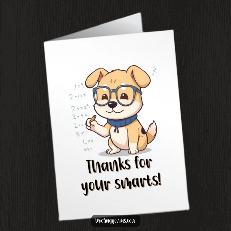 Funny Free Printable Thank You Card: A dog with spectacles on, diligently writing down complex academic formulas.