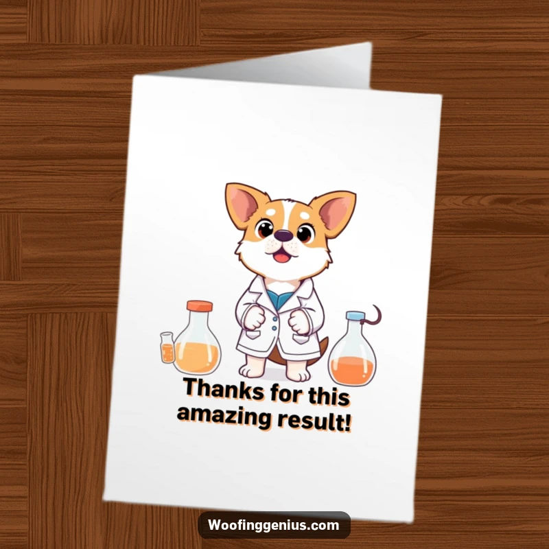 Funny Free Printable Thank You Card: Dog wearing a lab coat, looking surprised by a bubbling experiment, unique gratitude, downloadable card.
