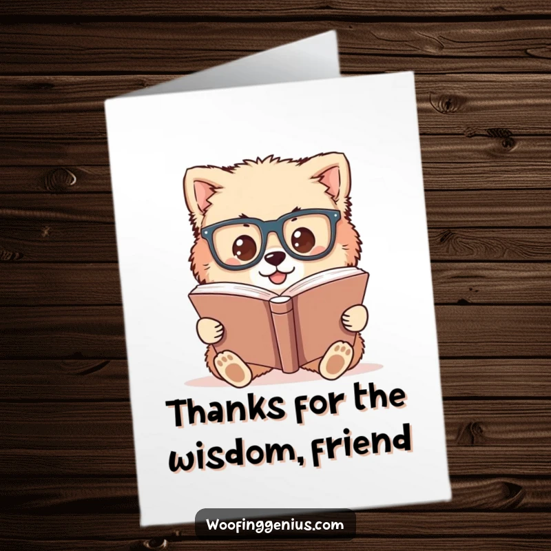 Funny Free Printable Thank You Card: Studious fluffy dog in large glasses reading a book intently, conveying thanks with wisdom.