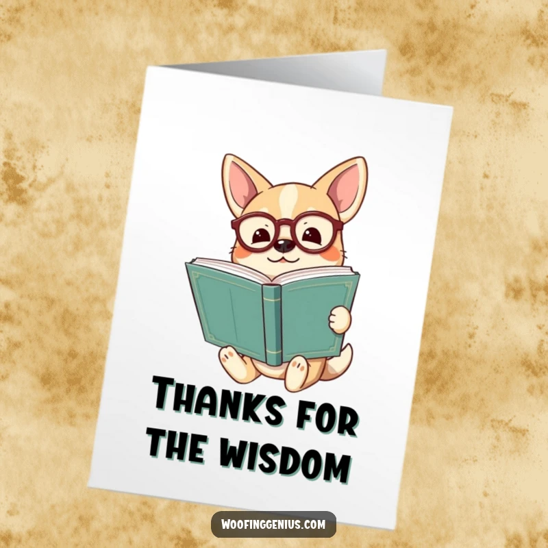 Funny Free Printable Thank You Card: A dog in spectacles holding a huge ancient book, looking enlightened and grateful.