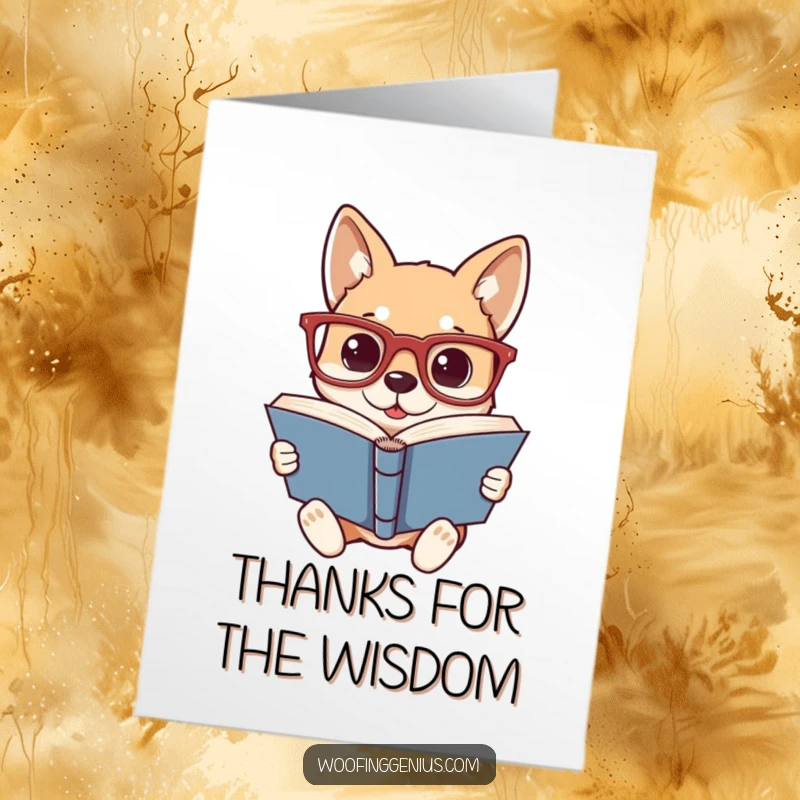 Funny Free Printable Thank You Card: A dog sporting large glasses, deeply focused on reading a substantial book, showing appreciation.