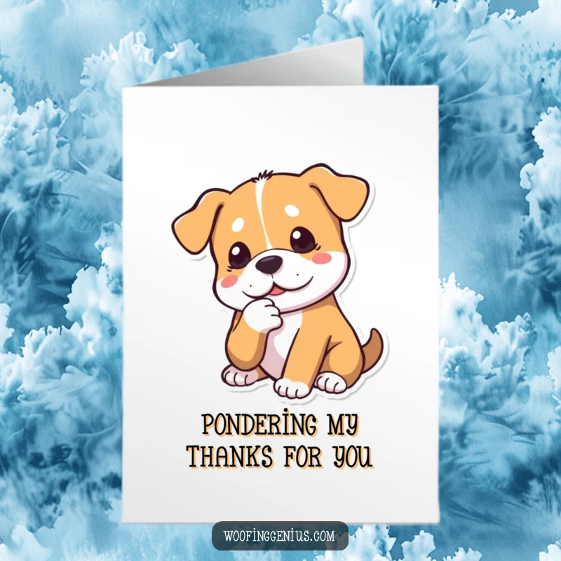 Funny Free Printable Thank You Card: A dog with its paw on its chin, looking deep in thought and consideration.