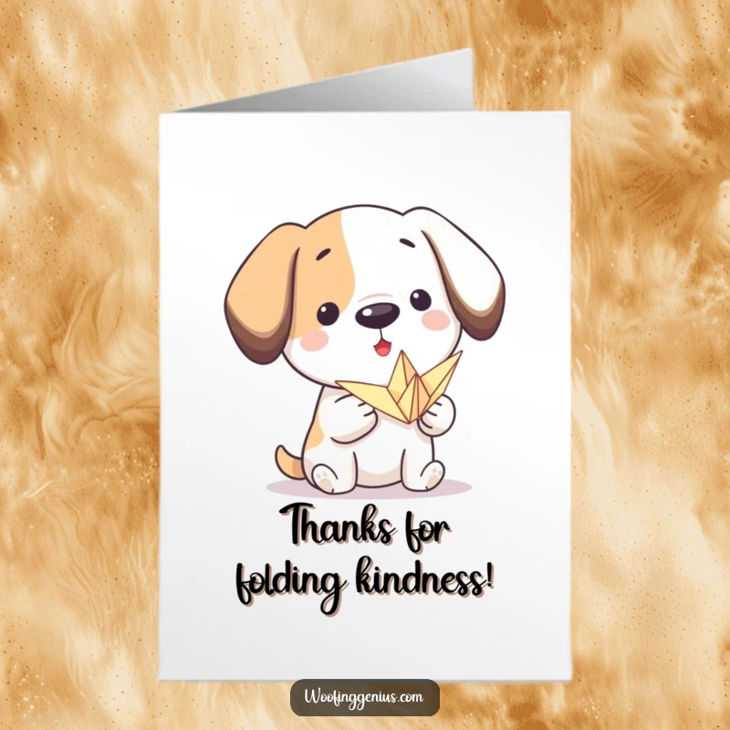 Funny free printable thank you card: A proud dog presents an intricate paper crane, expressing thanks for a beautiful artwork.