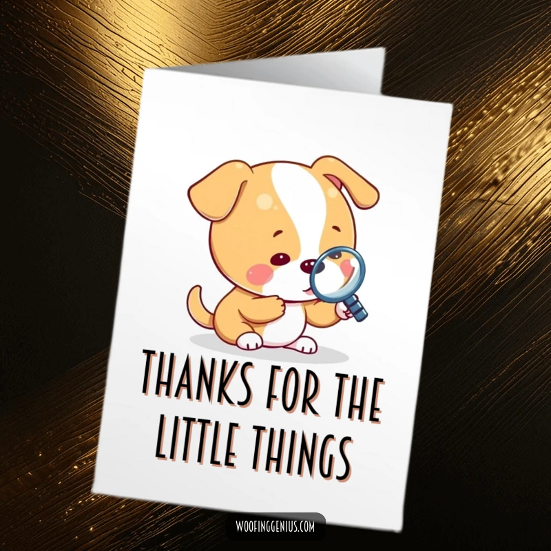 Funny Free Printable Thank You Card: Dog uses magnifying glass to inspect tiny object, showing care with downloadable art.