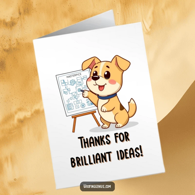 Funny Free Printable Thank You Card: Smart dog reveals a detailed blueprint, symbolizing a well-executed plan.