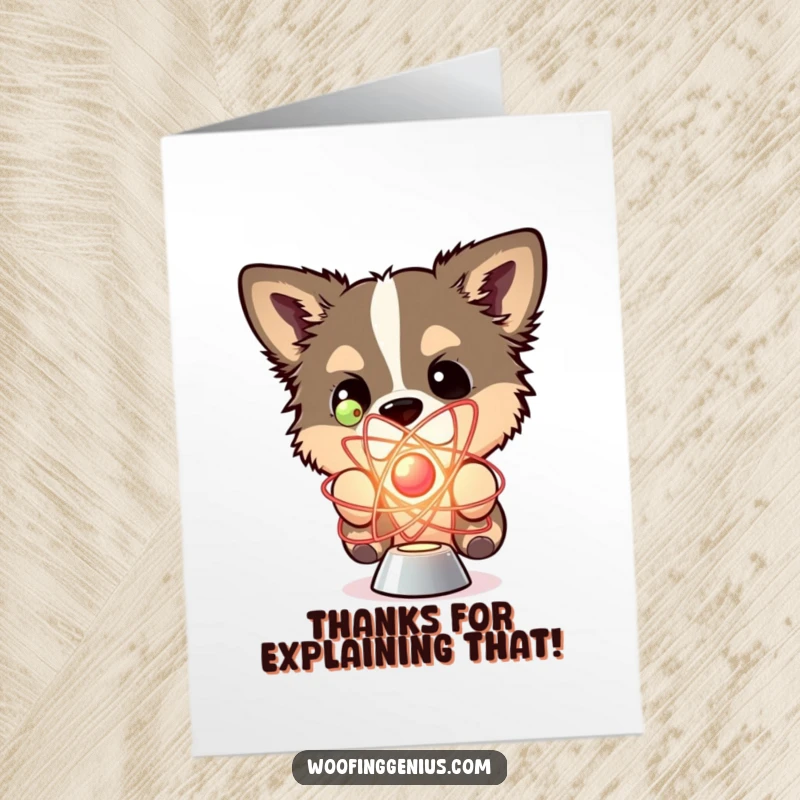 Funny Free Printable Thank You Card featuring a dog looking intently at a spinning atom model, representing deep thought.