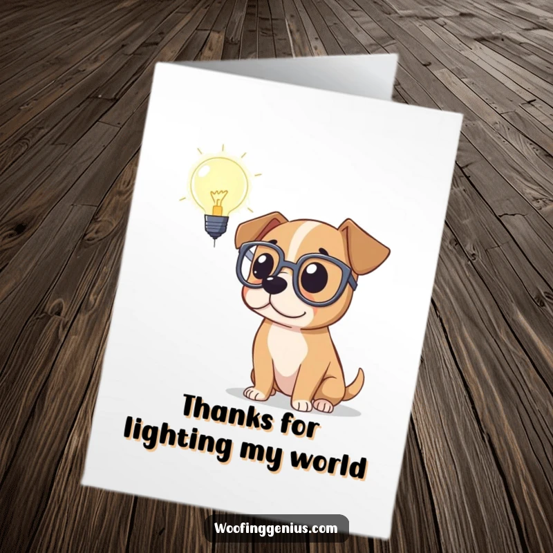 Funny Free Printable Thank You Card: A dog wearing large spectacles, thoughtfully gazing at a luminous lightbulb, expressing thanks.