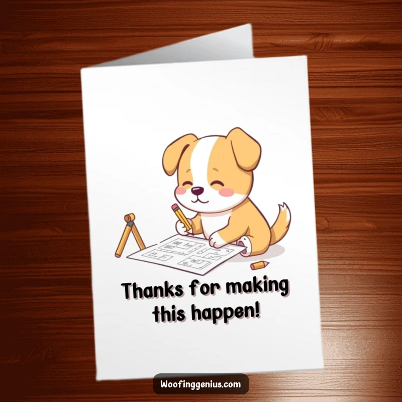 Funny Free Printable Thank You Card: Dog sketching complex blueprints with a tiny pencil, focused on details, expressing gratitude, downloadable art.