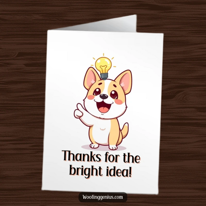 Funny Free Printable Thank You Card: Excited dog with a lightbulb above head, pointing at a brilliant idea, thanking someone.