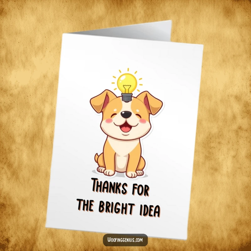 Funny Free Printable Thank You Card: A dog is illuminated by a glowing lightbulb above its head, expressing gratitude for genius.