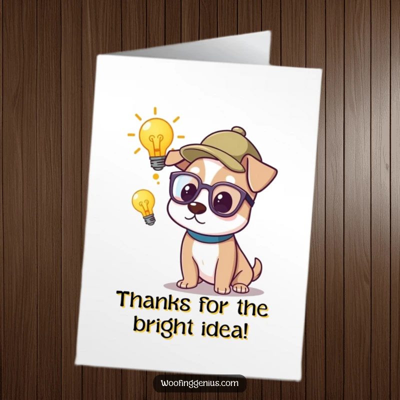 Funny Free Printable Thank You Card: Dog with glasses and thinking cap, lightbulb above head, having a smart idea, downloadable thank you.