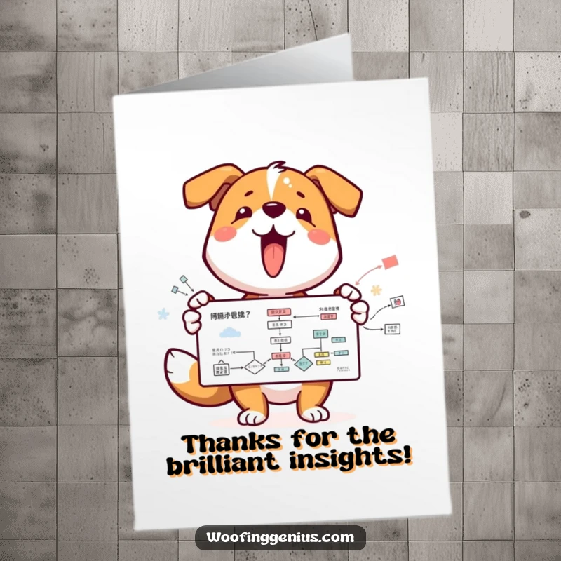 Funny Free Printable Thank You Card: A cheerful dog presents a detailed flowchart, a unique DIY gift idea.