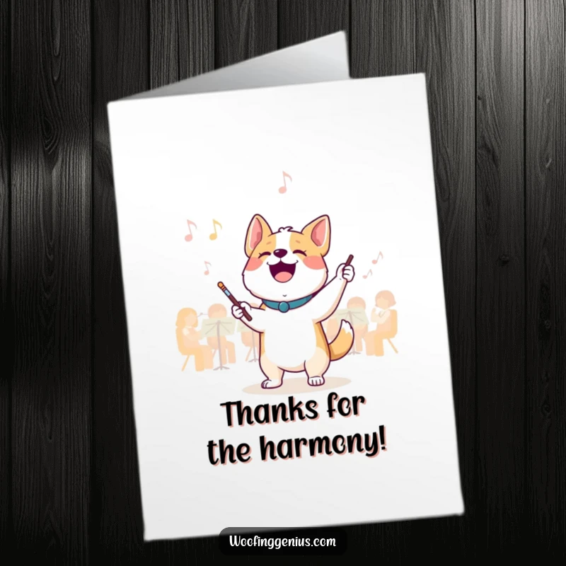 Funny free printable thank you card: A happy dog conducts an imaginary orchestra with a tiny baton, expressing thanks.