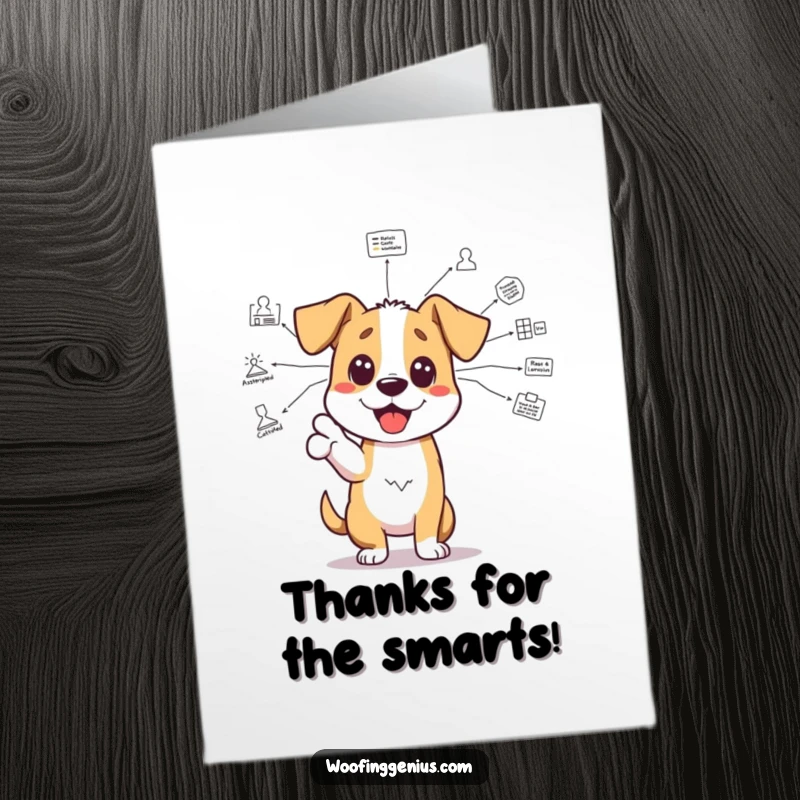 Funny free printable thank you card: A dog excitedly points to a complicated diagram, thanking them for their brilliant insights.