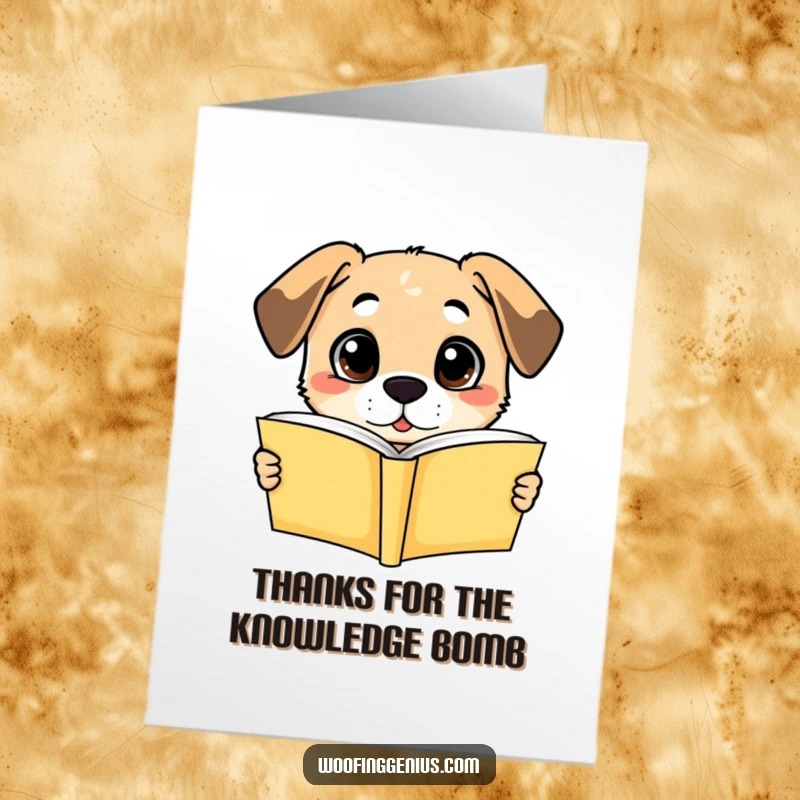 Funny Free Printable Thank You Card: A dog looks understanding while holding an open book, symbolizing gratitude for knowledge.