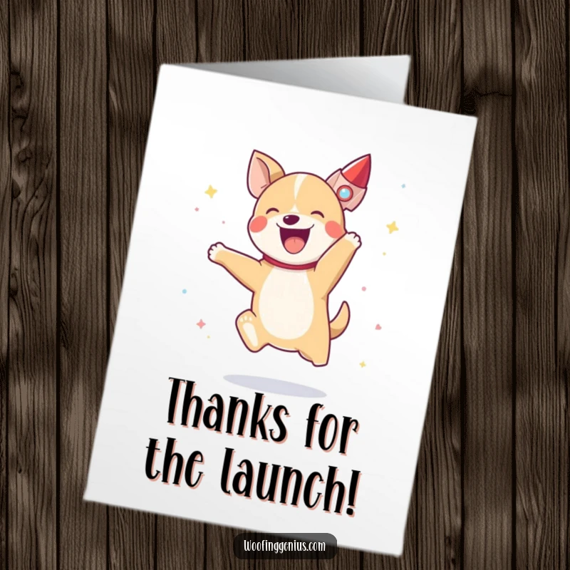 Funny Free Printable Thank You Card: A joyful dog jumps as a rocket ship takes off, sending thanks sky-high.