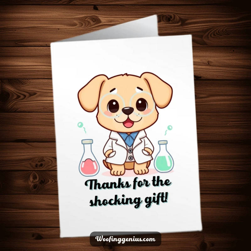 Funny free printable thank you card, a dog wearing a lab coat, looking shocked by its own scientific experiment.