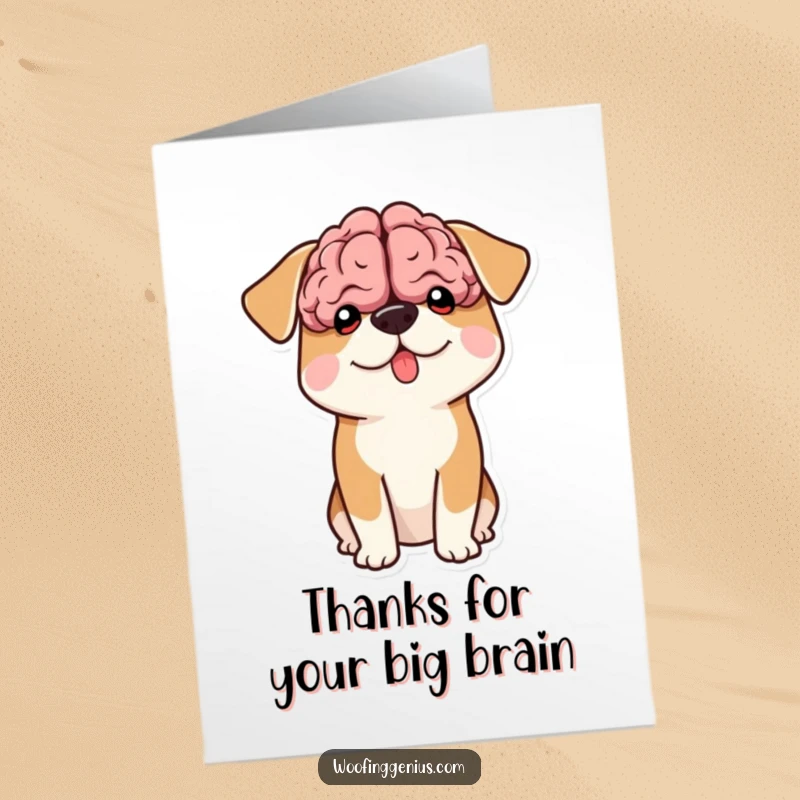 Funny Free Printable Thank You Card: Dog with a comically giant brain visible, conveying thanks with a knowing, intelligent look.