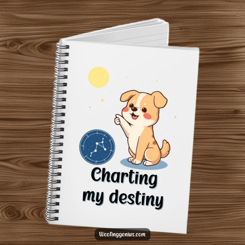 Funny notebook cover with a dramatic dog pointing at a constellation on a star chart, encouraging celestial note-taking.