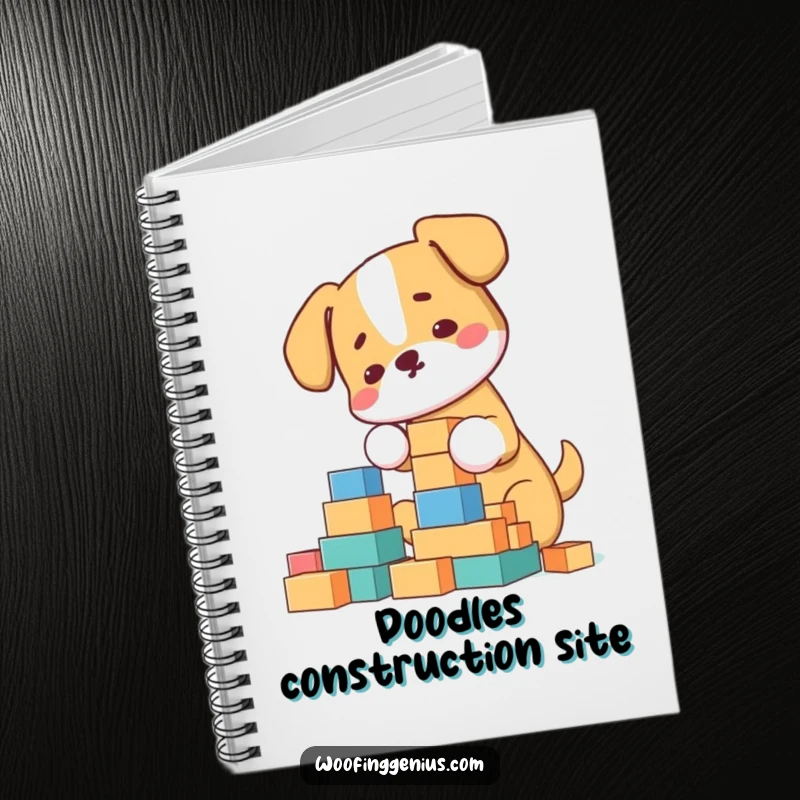 Funny Notebook: Dog meticulously building a tower of blocks, a humorous journal for creative planning.