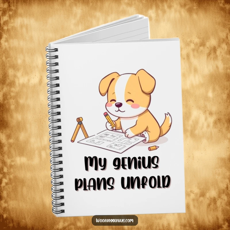 Funny Notebook: A dog uses a tiny pencil to sketch complex blueprints, ideal for jotting down design ideas.