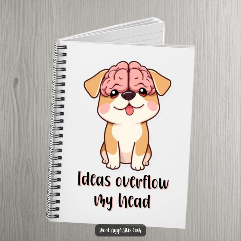 Funny notebook cover shows a dog with a comically large brain shape peeking out from its head.
