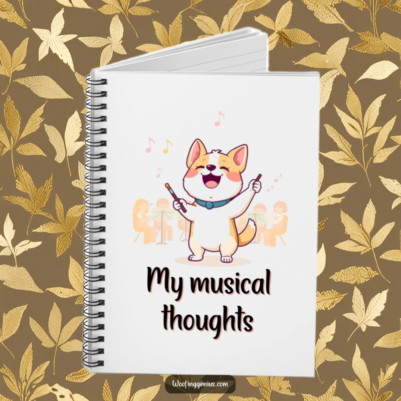 Funny conductor dog notebook: a joyful dog leads an invisible orchestra with a tiny baton, perfect for composing musical ideas.