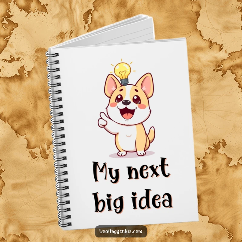 Funny Dog Notebook with a dog having a lightbulb above its head, excitedly pointing, perfect for jotting down smart ideas.