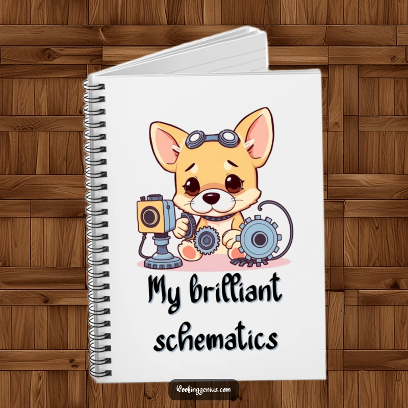Funny notebook featuring a dog focused on tinkering with gears and wires, ready for notes.