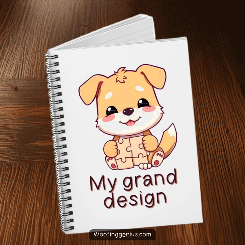 Funny dog notebook featuring a smirking dog triumphantly solving a jigsaw puzzle, inspiring creative thoughts.