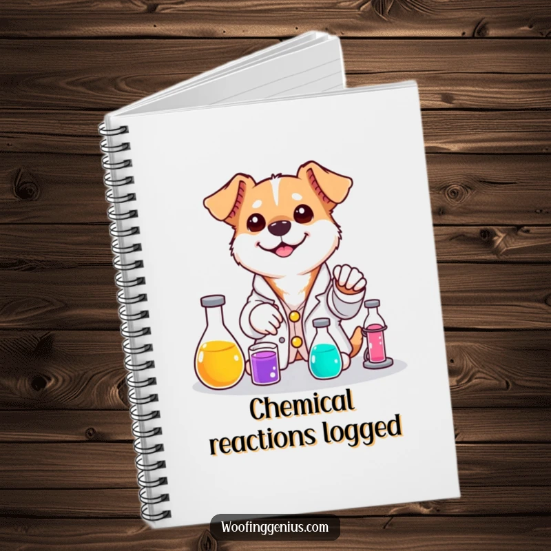 Funny dog notebook with a dog in a lab coat mixing colorful liquids with a smile.