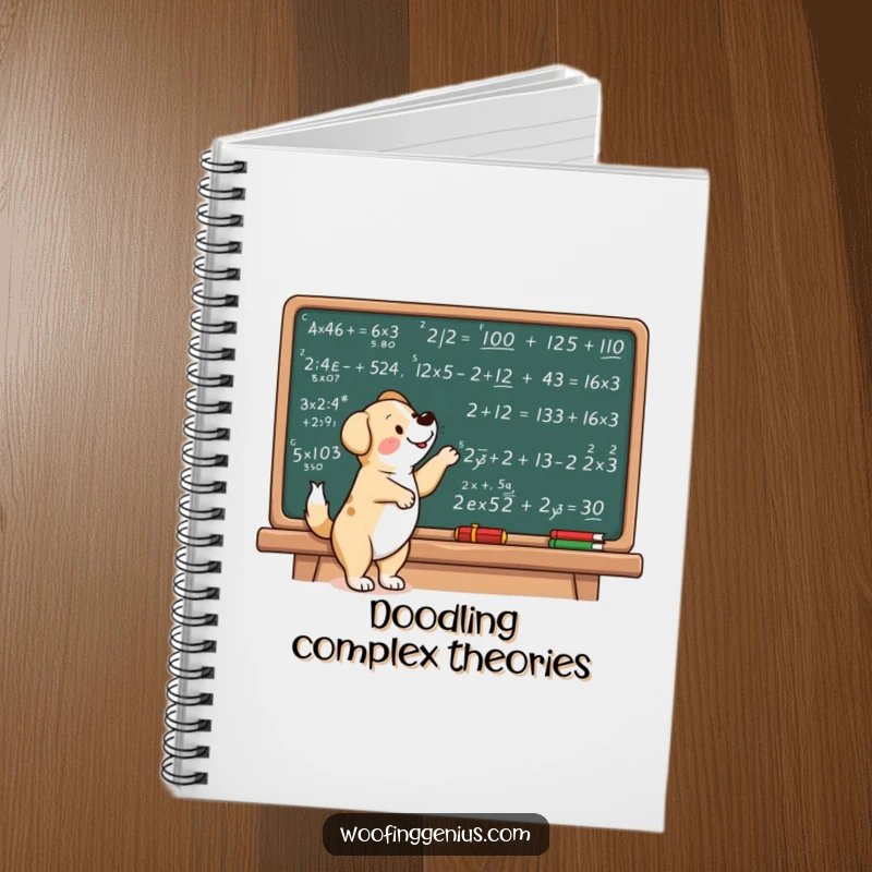 Funny dog notebook with a dog pointing at complex mathematical equations on a chalkboard.