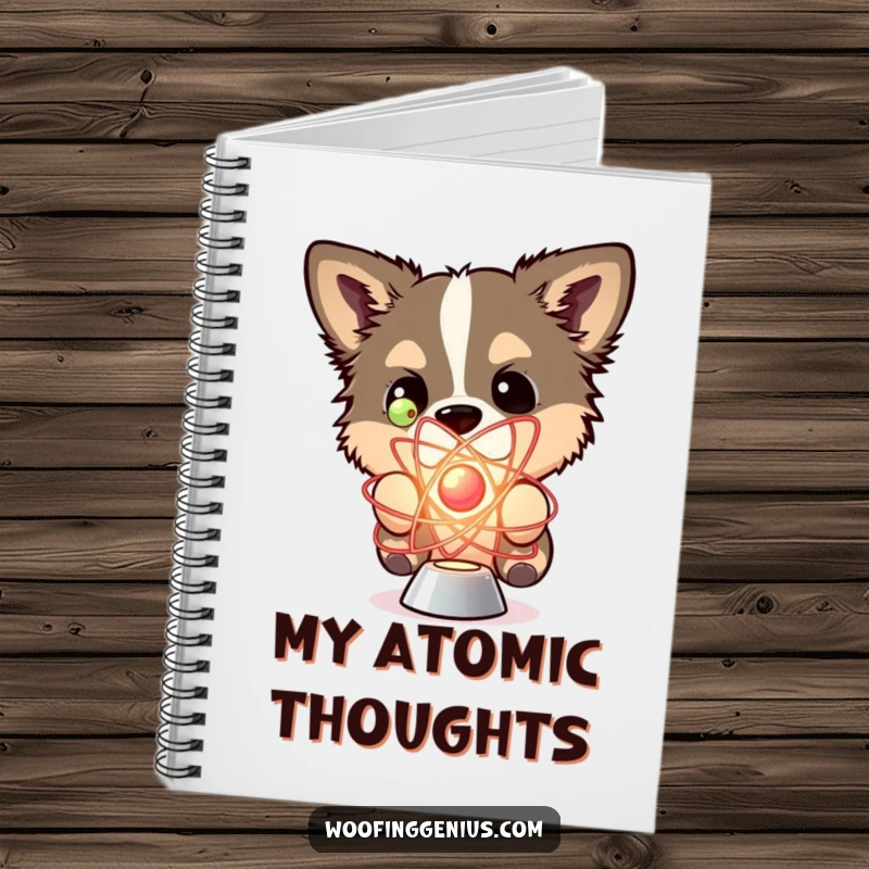 Funny notebook cover featuring a dog curiously examining a spinning atom model.