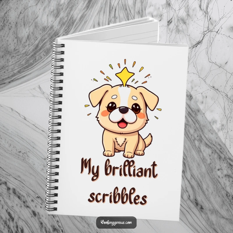 Funny notebook cover featuring a dog having a Eureka moment with sparks radiating from its head.