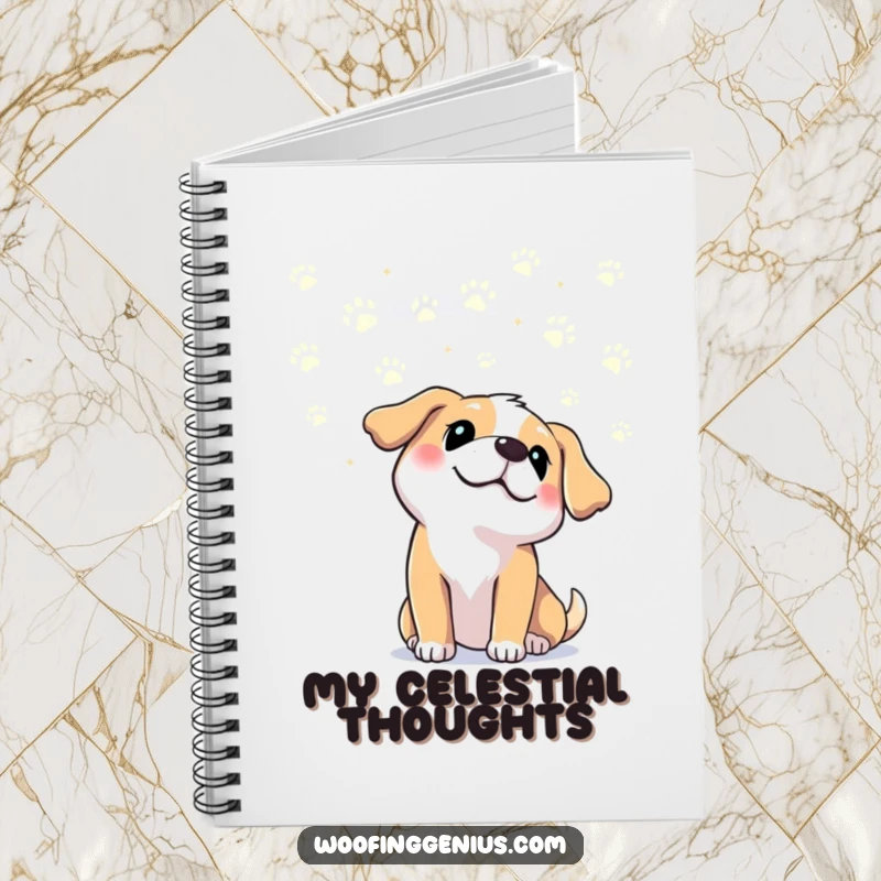Funny dog gazing at paw print constellations in the sky, inspiring note-takers with this whimsical funny gift notebook.