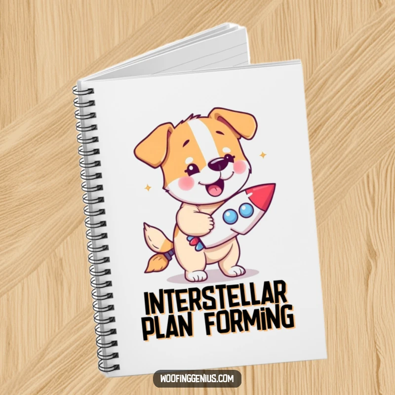 Funny dog notebook with a dog having a eureka expression, holding a miniature rocket ship.
