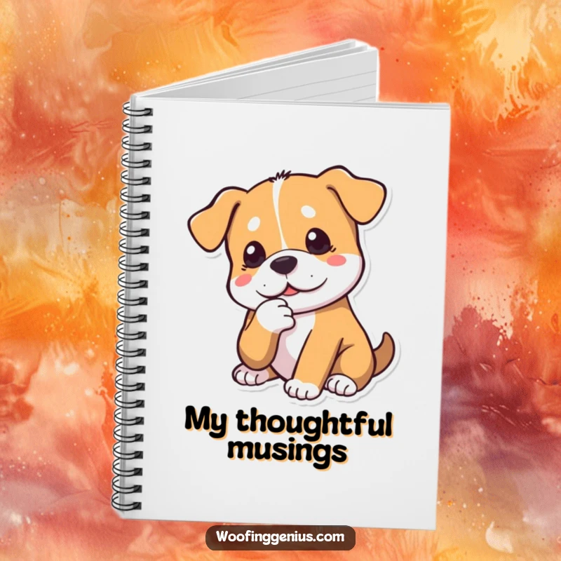 Funny dog notebook with a dog tapping its chin thoughtfully. Ideal for journaling and reflection.