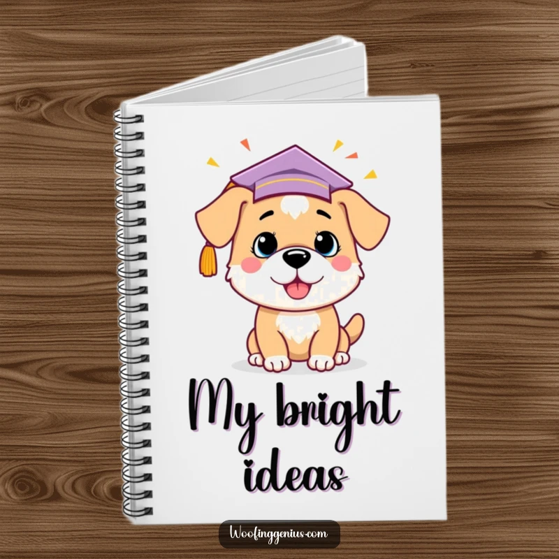 Funny dog wearing a graduation cap, celebrating a lightbulb idea, on a notebook cover for jotting down smart ideas.