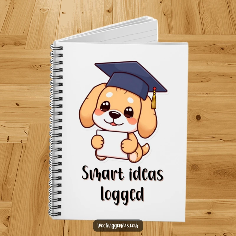 Funny Graduation Dog Notebook featuring a dog wearing a graduation cap and holding a diploma.