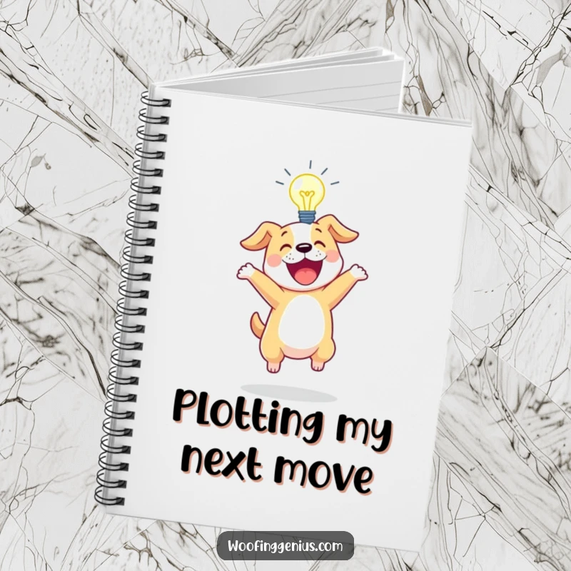 Funny notebook cover shows an excited dog bouncing with a glowing lightbulb above its head.