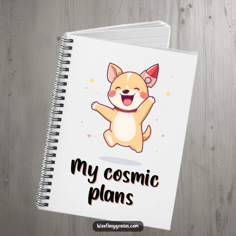 Funny dog jumping exuberantly, a small rocket ship taking off in the background, ideal for note-taking.