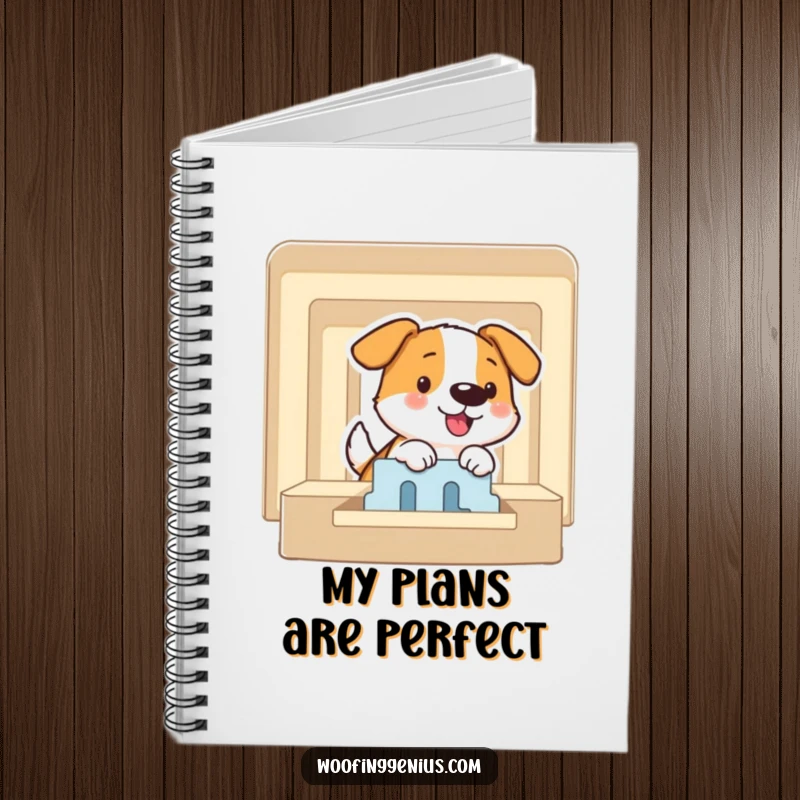 Funny notebook cover with a dog smiling while expertly solving a puzzle maze, designed for planning and strategic thinking.