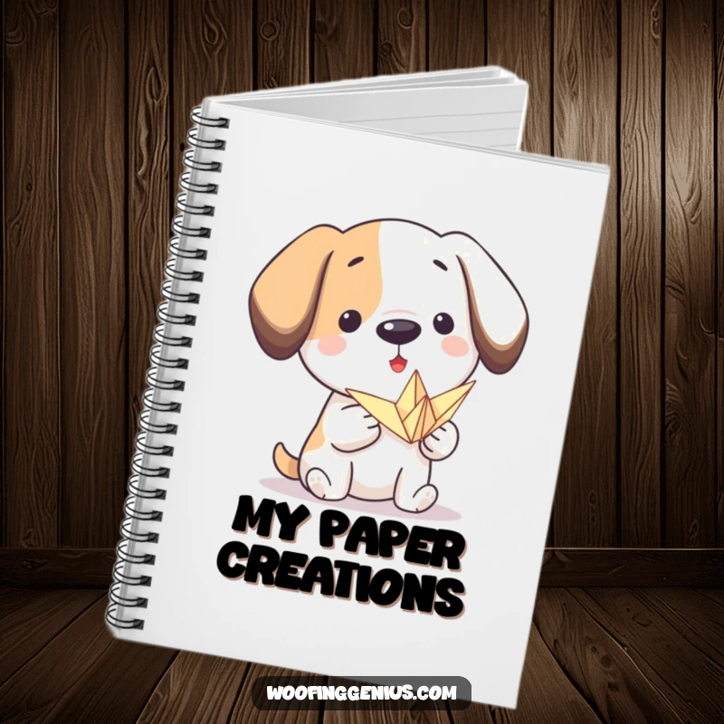Funny origami dog notebook: a proud dog presents a small, folded paper crane, perfect for jotting down creative ideas and designs.