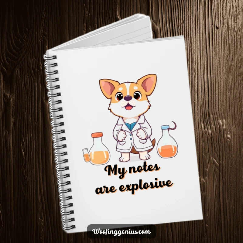 Funny Notebook: A dog wearing a lab coat looks surprised by an experiment, ideal for documenting scientific findings.