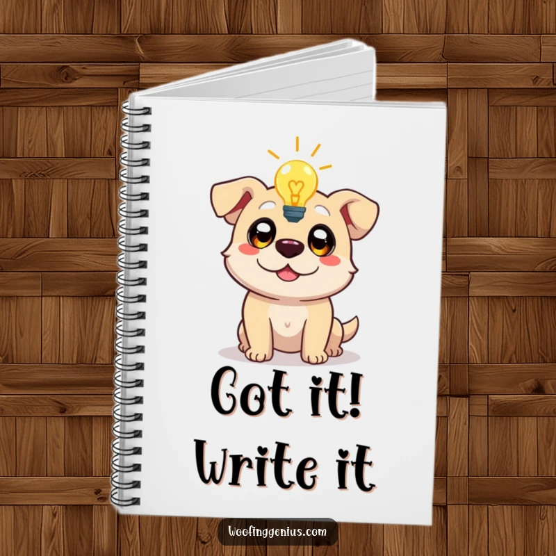 Funny notebook featuring a dog character with a lightbulb moment, eyes wide with inspiration, ready to capture all your brilliant ideas.