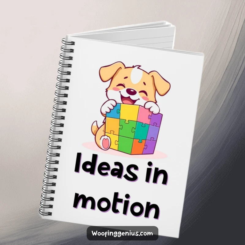 Funny notebook cover with an intelligent dog meticulously solving a colorful puzzle cube, inspiring creativity and focus.